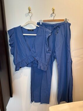 FANCYINN Blue Ruffled V-Neck Top & Drawstring Wide-Leg Pants Set
